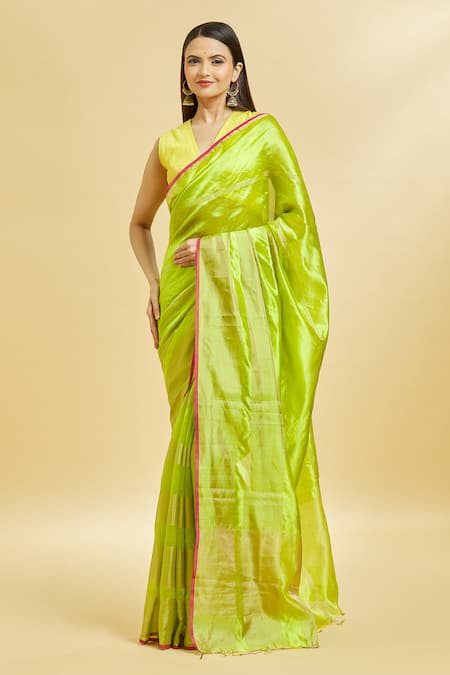 Buy_Mint N Oranges_Green Chanderi , Zari V-neck Saree With Blouse Piece _Online_at_Aza_Fashions