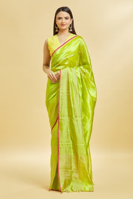 Buy_Mint N Oranges_Green Chanderi , Zari V-neck Saree With Blouse Piece 