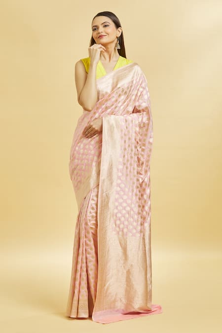 Mint N Oranges_Pink Silk Zari Banarasi Woven Saree With Blouse Piece_Online_at_Aza_Fashions