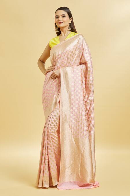 Buy_Mint N Oranges_Pink Silk Zari Banarasi Woven Saree With Blouse Piece_Online_at_Aza_Fashions