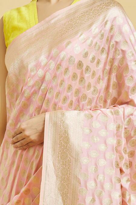 Mint N Oranges_Pink Silk Zari Banarasi Woven Saree With Blouse Piece_at_Aza_Fashions