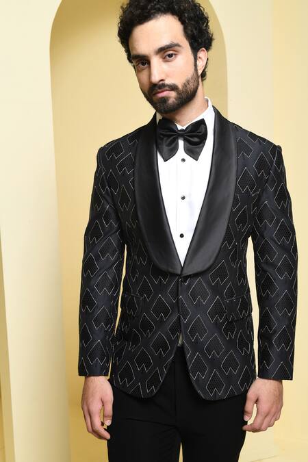 Shop_Kustomeyes_Black Silk Embroidery Pure Arrow Head Woven Blazer Set _Online_at_Aza_Fashions