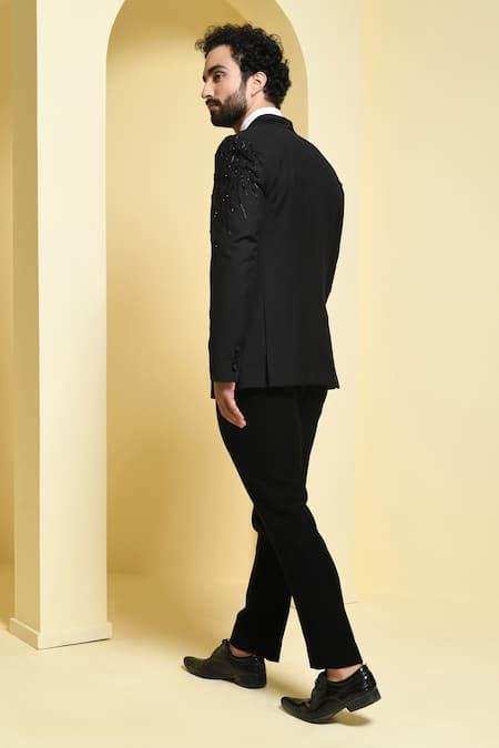 Shop Kustomeyes Black Rayon Beads, Cut Work Stardust Pattern Blazer Set at Aza Fashions Shop_Kustomeyes_Black Rayon Beads, Cut Work Stardust Pattern Blazer Set _at_Aza_Fashions