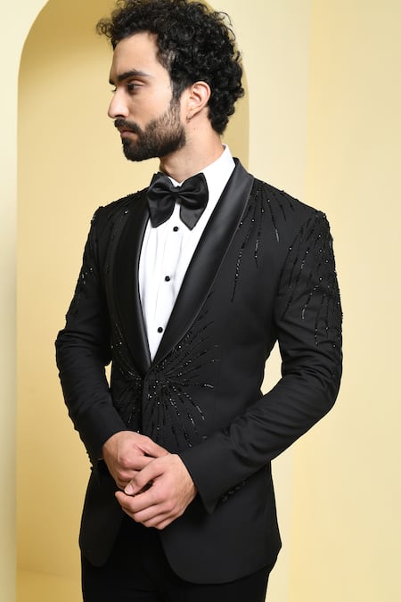 Shop Kustomeyes Black Rayon Beads, Cut Work Stardust Pattern Blazer Set Online at Aza Fashions Shop_Kustomeyes_Black Rayon Beads, Cut Work Stardust Pattern Blazer Set _Online_at_Aza_Fashions
