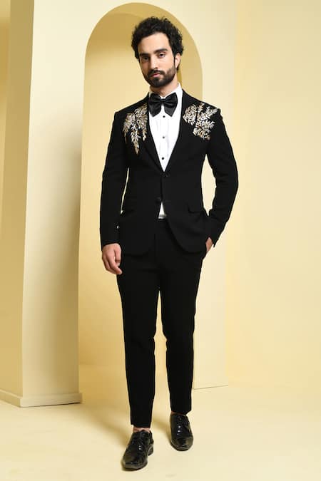 Shop Kustomeyes Black Rayon Embroidery Gota Placement Blazer Set at Aza Fashions Shop_Kustomeyes_Black Rayon Embroidery Gota Placement Blazer Set _at_Aza_Fashions