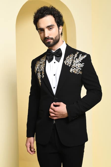 Kustomeyes Black Rayon Embroidery Gota Placement Blazer Set Online at Aza Fashions Kustomeyes_Black Rayon Embroidery Gota Placement Blazer Set _Online_at_Aza_Fashions