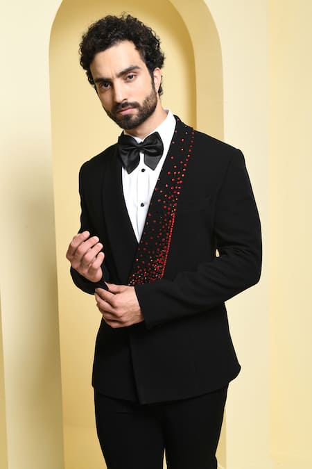 Shop Kustomeyes Black Rayon Crystals Placket Embroidered Blazer Set Online at Aza Fashions Shop_Kustomeyes_Black Rayon Crystals Placket Embroidered Blazer Set _Online_at_Aza_Fashions