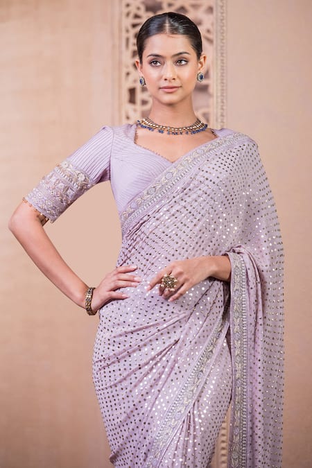 Buy_Tarun Tahiliani_Purple Georgette, Chanderi Embroidery Sweetheart Mukaish Work Saree With Blouse_Online_at_Aza_Fashions