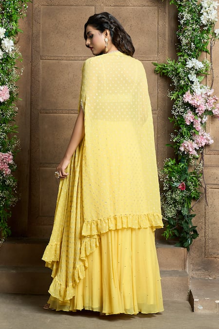 Shop Aariyana Couture Yellow Denim, Chiffon Sequins Scoop Neck Woven Cape Lehenga Set at Aza Fashions Shop_Aariyana Couture_Yellow Denim, Chiffon Sequins Scoop Neck Woven Cape Lehenga Set_at_Aza_Fashions