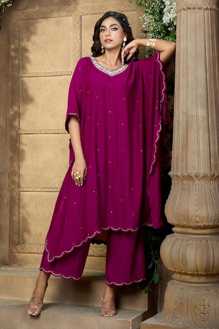 Aariyana Couture Purple Kaftan And Pant Cotton Silk Embroidery Sequin V Tikki Work Kurta & Set 