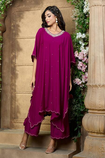 Buy_Aariyana Couture_Purple Cotton, Silk, Modal Sequins, Tikki Work Kaftan Kurta And Pant Set_Online_at_Aza_Fashions