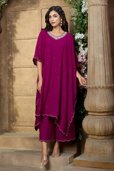 Shop_Aariyana Couture_Purple Cotton, Silk, Modal Sequins, Tikki Work Kaftan Kurta And Pant Set_Online_at_Aza_Fashions