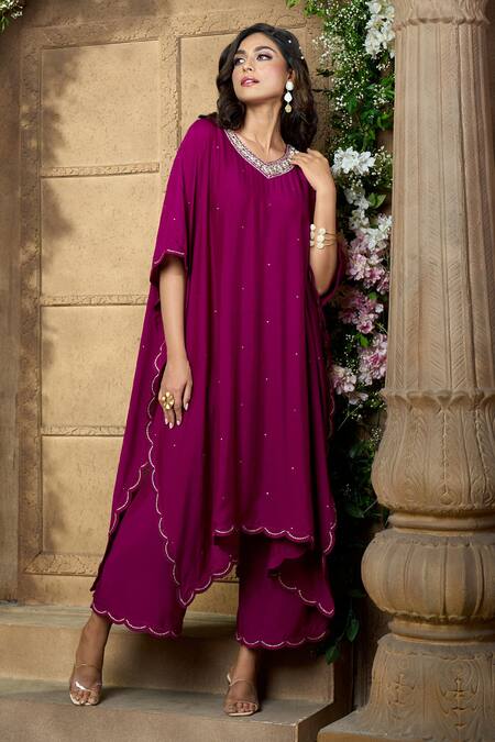 Buy_Aariyana Couture_Purple Cotton, Silk, Modal Sequins, Tikki Work Kaftan Kurta And Pant Set