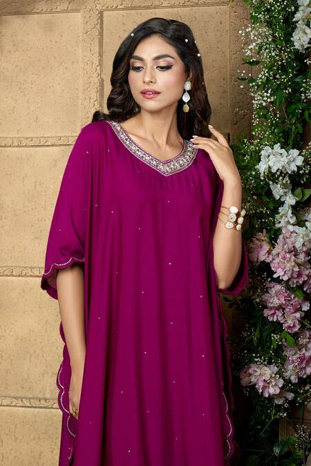 Shop_Aariyana Couture_Purple Cotton, Silk, Modal Sequins, Tikki Work Kaftan Kurta And Pant Set