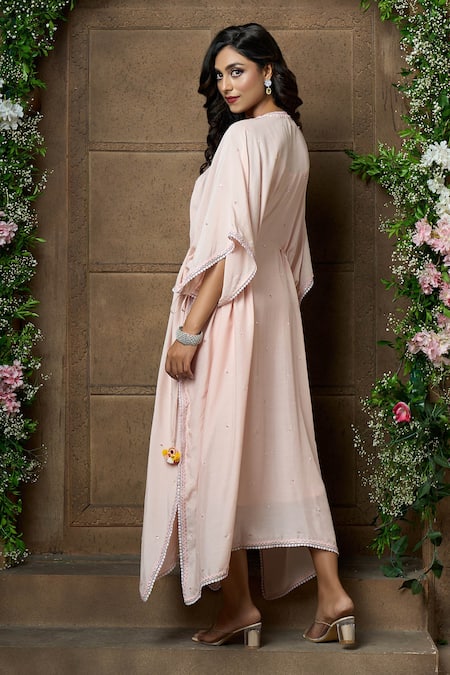 Shop Aariyana Couture Peach Cotton, Silk, Modal, Satin Tassels Round Neck Hand Embroidered Yoke Kaftan at Aza Fashions Shop_Aariyana Couture_Peach Cotton, Silk, Modal, Satin Tassels Round Neck Hand Embroidered Yoke Kaftan_at_Aza_Fashions