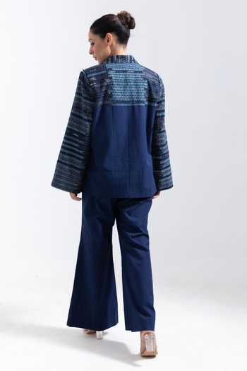 Shop Meesa Blue Embroidery Collared French Knot Yoke Shirt at Aza Fashions Shop_Meesa_Blue Embroidery Collared French Knot Yoke Shirt_at_Aza_Fashions