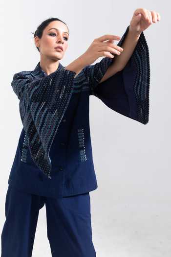 Buy Meesa Blue Embroidery Collared French Knot Yoke Shirt Online at Aza Fashions Buy_Meesa_Blue Embroidery Collared French Knot Yoke Shirt_Online_at_Aza_Fashions