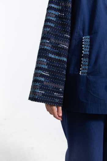Shop Meesa Blue Embroidery Collared French Knot Yoke Shirt Online at Aza Fashions Shop_Meesa_Blue Embroidery Collared French Knot Yoke Shirt_Online_at_Aza_Fashions