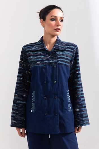 Meesa Blue Embroidery Collared French Knot Yoke Shirt at Aza Fashions Meesa_Blue Embroidery Collared French Knot Yoke Shirt_at_Aza_Fashions