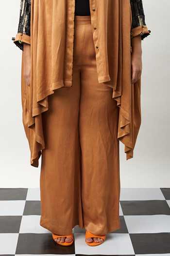Meesa Brown Silk Tassels Collared Asymmetric Shirt With Bootcut Pant Online at Aza Fashions Meesa_Brown Silk Tassels Collared Asymmetric Shirt With Bootcut Pant_Online_at_Aza_Fashions