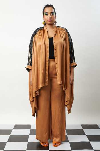 Buy Meesa Brown Silk Tassels Collared Asymmetric Shirt With Bootcut Pant Online at Aza Fashions Buy_Meesa_Brown Silk Tassels Collared Asymmetric Shirt With Bootcut Pant_Online_at_Aza_Fashions