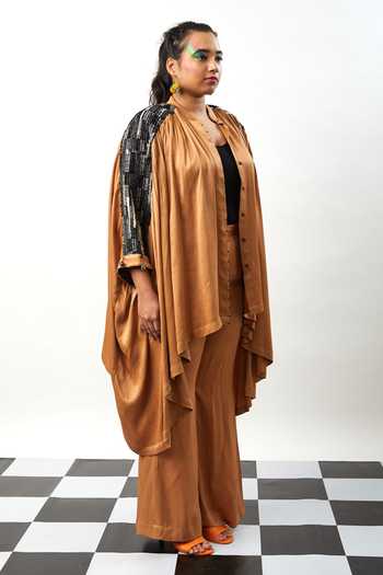 Shop Meesa Brown Silk Tassels Collared Asymmetric Shirt With Bootcut Pant Online at Aza Fashions Shop_Meesa_Brown Silk Tassels Collared Asymmetric Shirt With Bootcut Pant_Online_at_Aza_Fashions