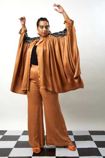 Meesa Brown Silk Tassels Collared Asymmetric Shirt With Bootcut Pant at Aza Fashions Meesa_Brown Silk Tassels Collared Asymmetric Shirt With Bootcut Pant_at_Aza_Fashions