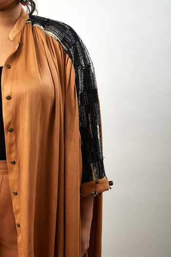 Buy Meesa Brown Silk Tassels Collared Asymmetric Shirt With Bootcut Pant Buy_Meesa_Brown Silk Tassels Collared Asymmetric Shirt With Bootcut Pant