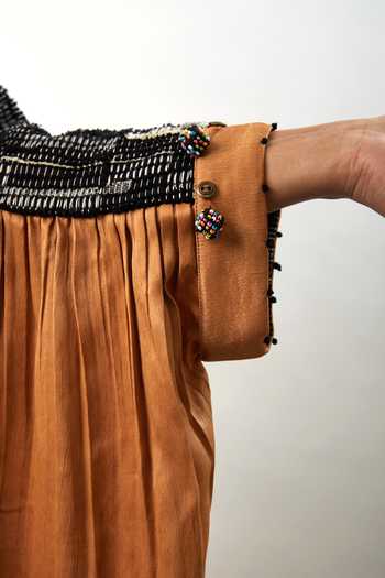 Shop Meesa Brown Silk Tassels Collared Asymmetric Shirt With Bootcut Pant Shop_Meesa_Brown Silk Tassels Collared Asymmetric Shirt With Bootcut Pant