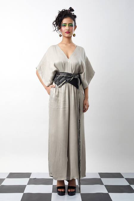 Meesa Grey Embroidery V-neck Plain Jumpsuit With Roar Corset Belt Online at Aza Fashions Meesa_Grey Embroidery V-neck Plain Jumpsuit With Roar Corset Belt_Online_at_Aza_Fashions