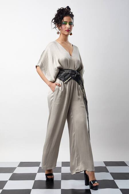 Buy Meesa Grey Embroidery V-neck Plain Jumpsuit With Roar Corset Belt Online at Aza Fashions Buy_Meesa_Grey Embroidery V-neck Plain Jumpsuit With Roar Corset Belt_Online_at_Aza_Fashions