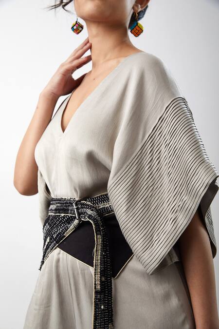 Shop Meesa Grey Embroidery V-neck Plain Jumpsuit With Roar Corset Belt Online at Aza Fashions Shop_Meesa_Grey Embroidery V-neck Plain Jumpsuit With Roar Corset Belt_Online_at_Aza_Fashions