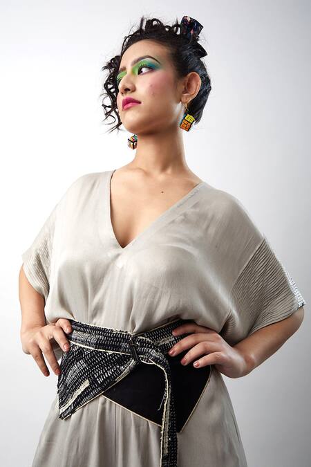 Meesa Grey Embroidery V-neck Plain Jumpsuit With Roar Corset Belt at Aza Fashions Meesa_Grey Embroidery V-neck Plain Jumpsuit With Roar Corset Belt_at_Aza_Fashions