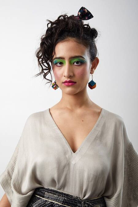 Buy Meesa Grey Embroidery V-neck Plain Jumpsuit With Roar Corset Belt Buy_Meesa_Grey Embroidery V-neck Plain Jumpsuit With Roar Corset Belt