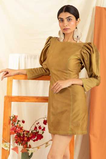 Meesa_Brown Silk, Chanderi Boat Neck Mutton Sleeve Solid Dress_Online_at_Aza_Fashions