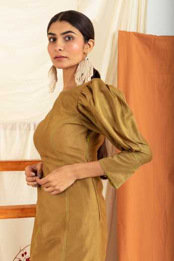 Buy_Meesa_Brown Silk, Chanderi Boat Neck Mutton Sleeve Solid Dress_Online_at_Aza_Fashions