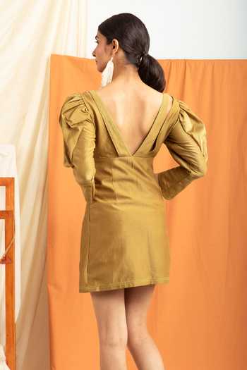 Shop_Meesa_Brown Silk, Chanderi Boat Neck Mutton Sleeve Solid Dress_Online_at_Aza_Fashions