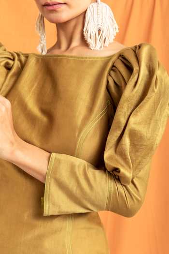 Meesa_Brown Silk, Chanderi Boat Neck Mutton Sleeve Solid Dress_at_Aza_Fashions