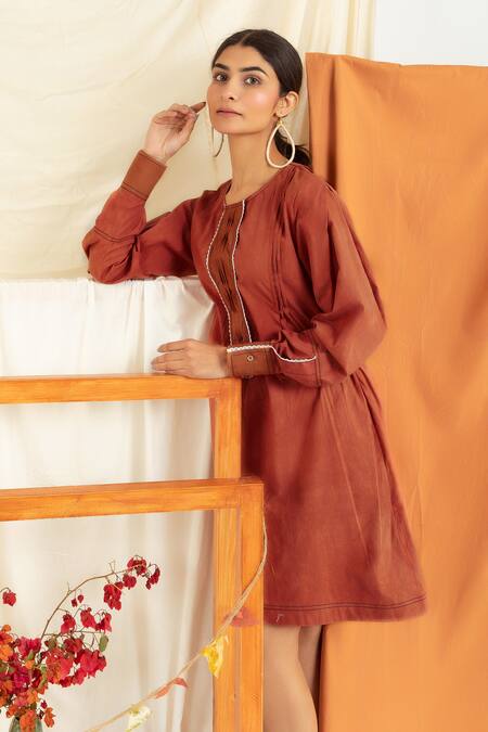 Meesa_Brown Cotton, Poplin Lace Round Neck Placket Embellished Dress_Online_at_Aza_Fashions