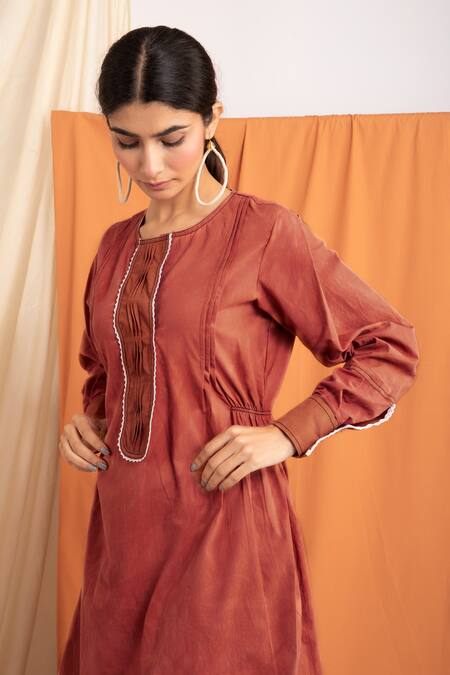 Shop_Meesa_Brown Cotton, Poplin Lace Round Neck Placket Embellished Dress_Online_at_Aza_Fashions