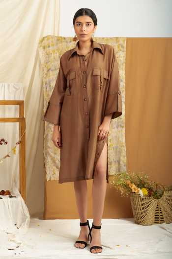 Meesa Brown Silk, Chanderi Collared Shirt Online at Aza Fashions Meesa_Brown Silk, Chanderi Collared Shirt_Online_at_Aza_Fashions