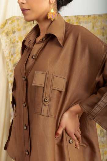 Buy Meesa Brown Silk, Chanderi Collared Shirt Online at Aza Fashions Buy_Meesa_Brown Silk, Chanderi Collared Shirt_Online_at_Aza_Fashions