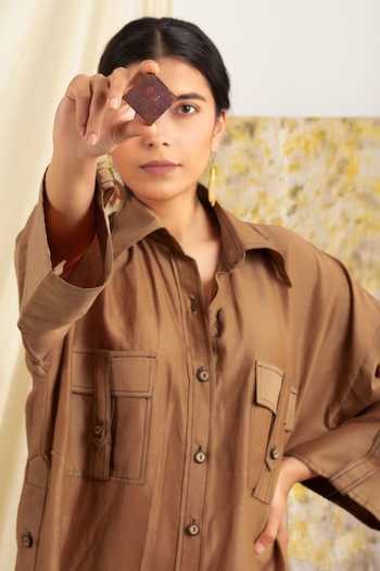 Shop Meesa Brown Silk, Chanderi Collared Shirt Online at Aza Fashions Shop_Meesa_Brown Silk, Chanderi Collared Shirt_Online_at_Aza_Fashions