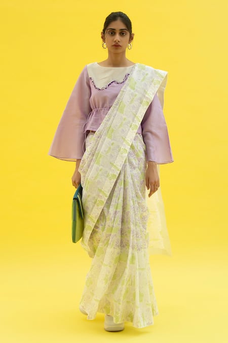Meesa Off White Chanderi Printed And Embellished Lotus Saree & Blouse Set 