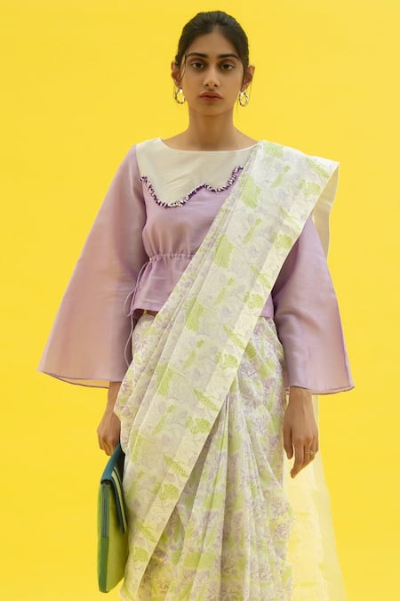 Meesa Off White Chanderi Printed And Embellished Lotus Saree & Blouse Set Online at Aza Fashions Meesa_Off White Chanderi Printed And Embellished Lotus Saree & Blouse Set _Online_at_Aza_Fashions