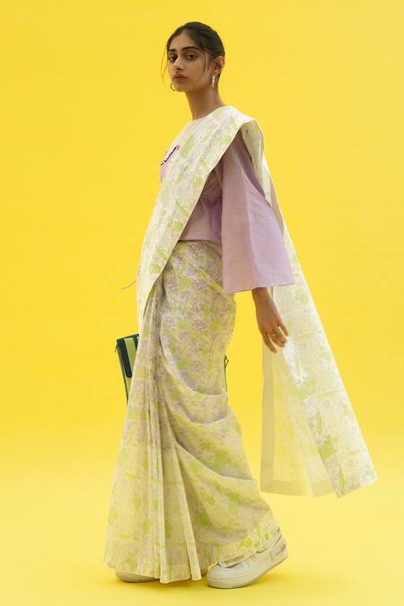 Buy Meesa Off White Chanderi Printed And Embellished Lotus Saree & Blouse Set Online at Aza Fashions Buy_Meesa_Off White Chanderi Printed And Embellished Lotus Saree & Blouse Set _Online_at_Aza_Fashions