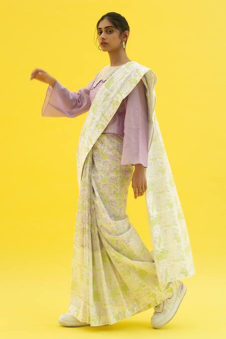 Shop Meesa Off White Chanderi Printed And Embellished Lotus Saree & Blouse Set Online at Aza Fashions Shop_Meesa_Off White Chanderi Printed And Embellished Lotus Saree & Blouse Set _Online_at_Aza_Fashions