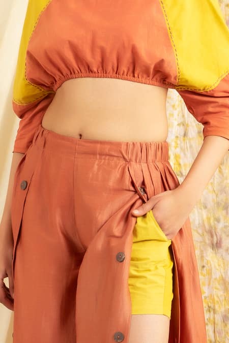 Meesa_Red Cotton, Chanderi Silk High Neck Top And Front Slit Pant Set_Online_at_Aza_Fashions