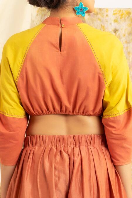 Shop_Meesa_Red Cotton, Chanderi Silk High Neck Top And Front Slit Pant Set_Online_at_Aza_Fashions