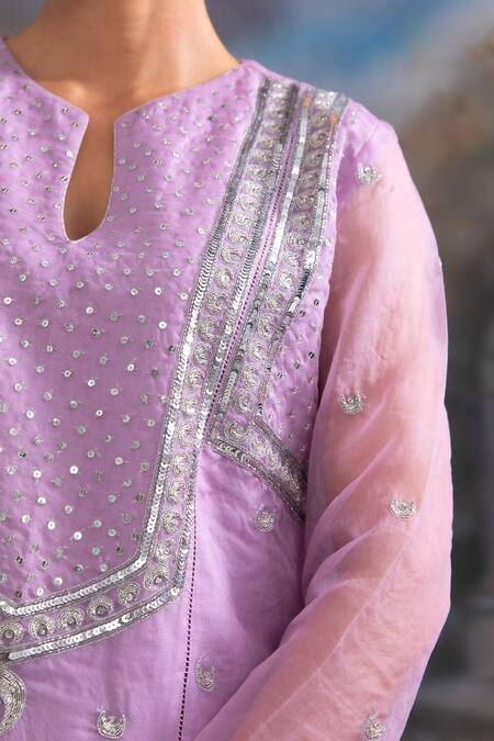 Meesa Purple Pure Katan Silk Embroidered Sequin Chand Kurta Palazzo Set Online at Aza Fashions Meesa_Purple Pure Katan Silk Embroidered Sequin Chand Kurta Palazzo Set _Online_at_Aza_Fashions
